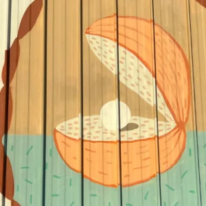 Selbstwahrnehmung symbolisch durch eine Garagenbemalung dargestellt. Es ist eine geöffnete Muschel zu sehen. In der Mitte liegt eine Perle.