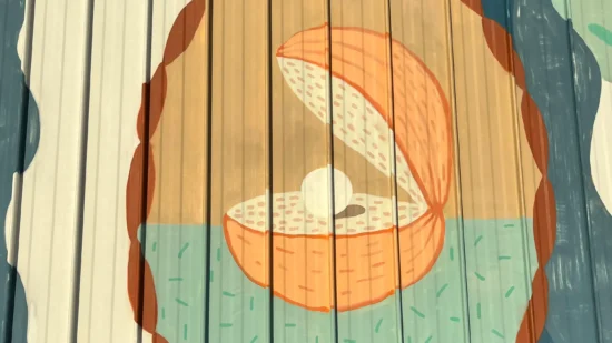 Selbstwahrnehmung symbolisch durch eine Garagenbemalung dargestellt. Es ist eine geöffnete Muschel zu sehen. In der Mitte liegt eine Perle.